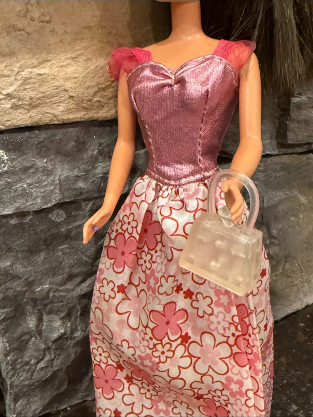 Barbie formal pink princess gown diamond clear purse and red heels